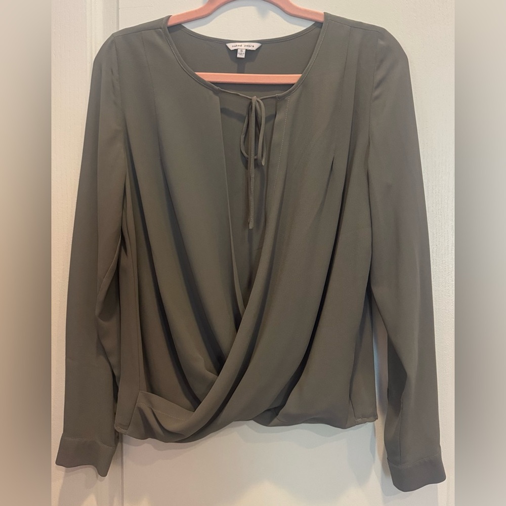 NAKED ZEBRA Long Sleeve Surplice Tie Neck Blouse Top Small Gray/Green